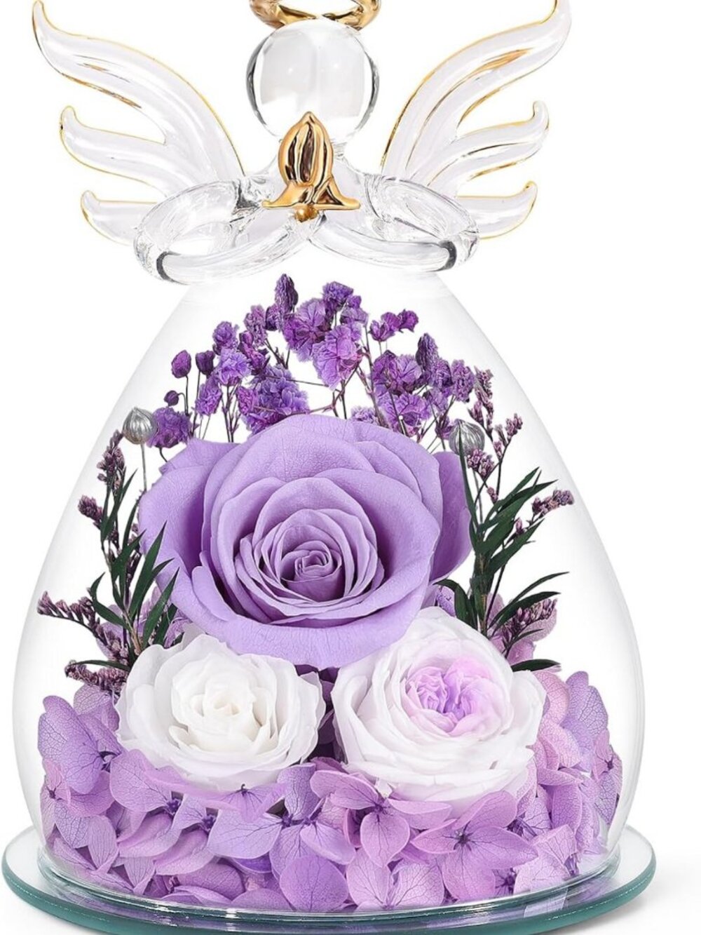 Preserved Rose in Glass Angel Figurine - Forever Flower Gift for Mom, Grandma